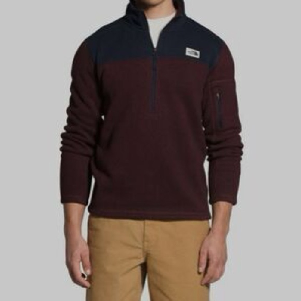 The North Face Men's Maroon and Dark Blue Quarter Zip-Up Sweater